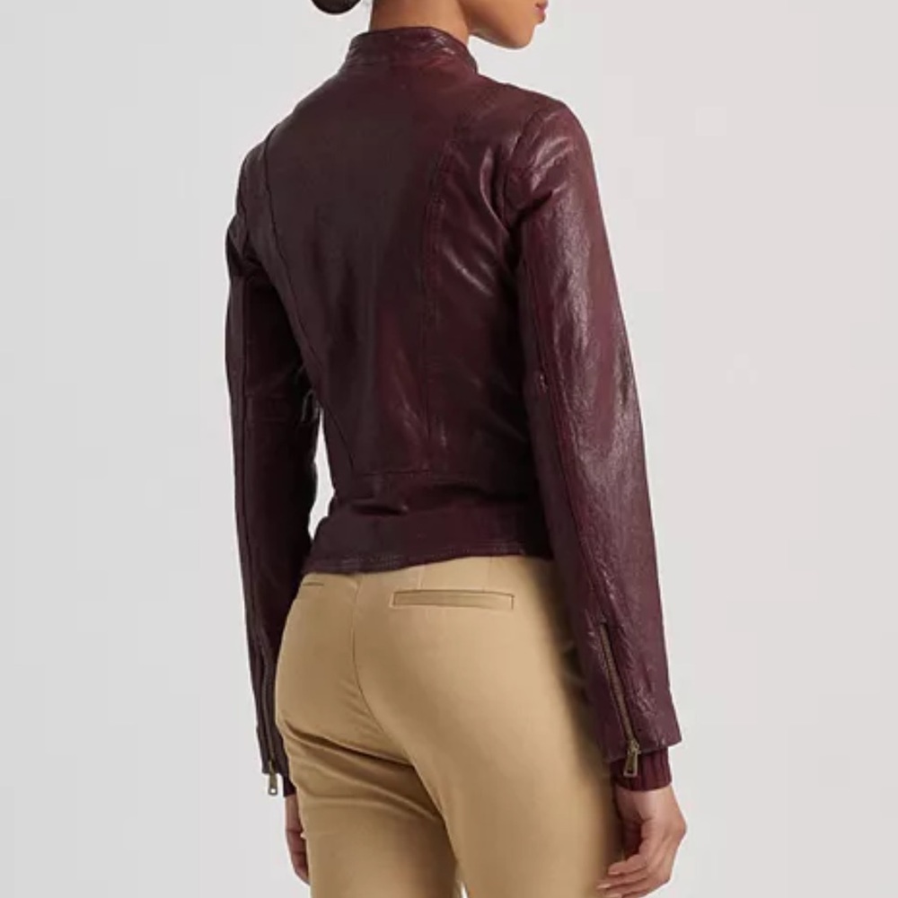 New Lauren Ralph Lauren Wine-Red Color Leather Moto Cafe  Racer Jacket Women’s - Picture 4 of 16